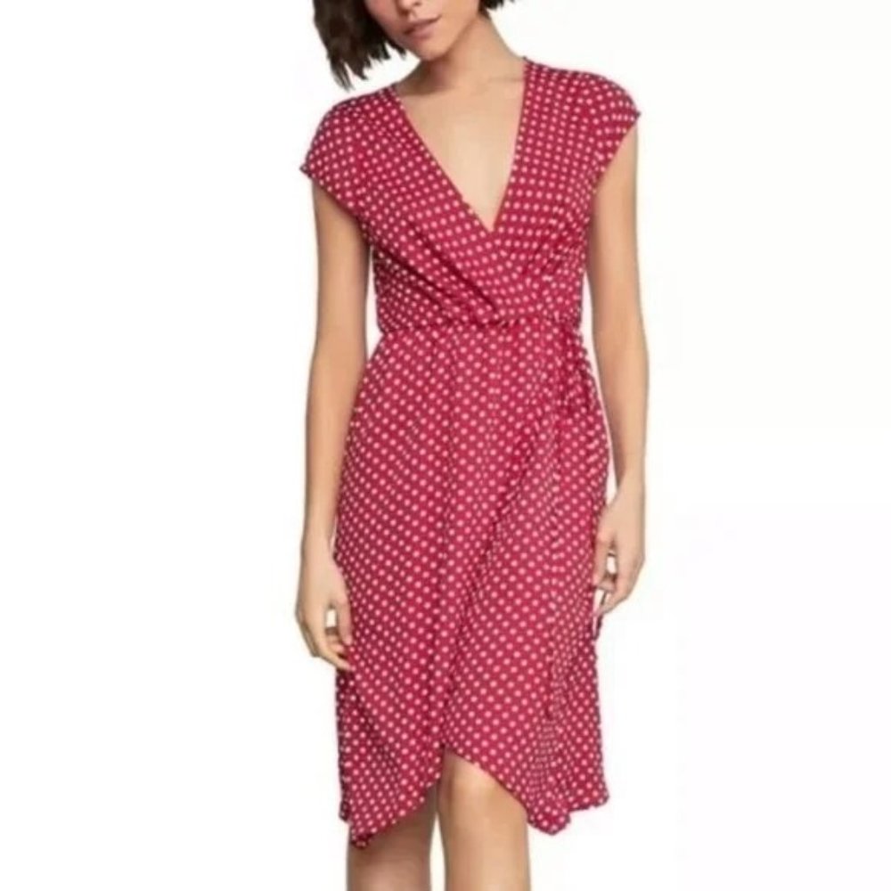 Cap Sleeve Faux Wrap Woven Dress Color Sangria Off White MSRP $138 Size …